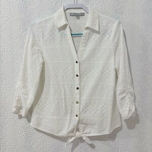 Cottagecore Eyelet Lace Button Down Tie Front Romantic Boho Blouse White